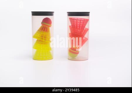 a set of shuttlecocks for high-speed badminton. speeder in a box Stock Photo