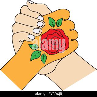 Husband and wife hands holding each other with rose vector. Love , relation and Friendship icon. Stock Vector
