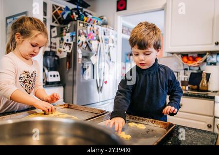 Two children carefully cutting and placing cookie dough shapes Stock Photo