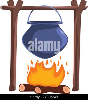 Cartoon illustration of a cast iron pot hanging over a campfire, perfect for illustrating camping or outdoor cooking Stock Vector