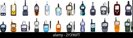 Thermohygrometer icons set. Set of colorful electronic tools for measuring environmental parameters, temperature, humidity and other indicators Stock Vector