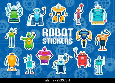 Cartoon robot characters stickers pack. Vibrant vector patches collection of funny cyborgs, artificial intelligence smart machines with expressive faces. Fun and cute friendly mechanical personages Stock Vector