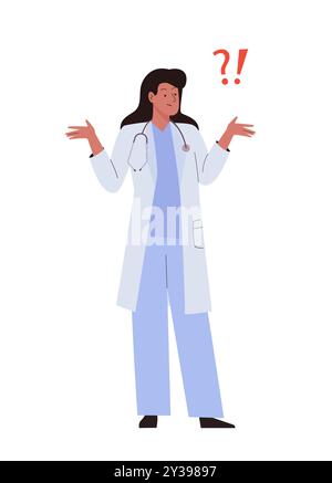 Doctor woman standing in puzzled or questioning pose. Concept of wondering, uncertainty, confused. Female character with emotional expression gesture Stock Vector