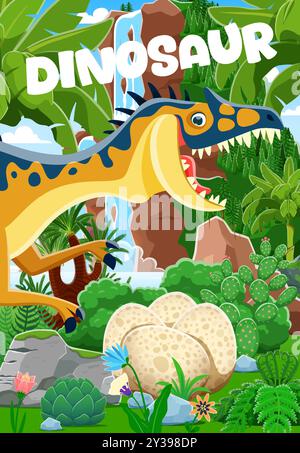 Dinosaur mother with dino eggs in jungle forest, cartoon prehistoric lizard, vector poster for kids. Neovenator dinosaur mother with baby eggs in Jurassic park forest with palms and mountain waterfall Stock Vector