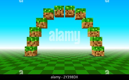 Arch shape made of 3D cubes in retro pixel game style. Voxel cubes with grass and ground, in the shape of a gate Stock Vector