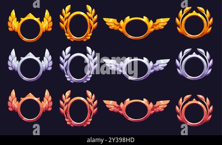 Game rank frame, heraldic avatar badge. Vector bronze, silver and gold borders with laurel leaves and wings. Cartoon gui elements for app, medieval rpg or arcade game menu and player ranking systems Stock Vector