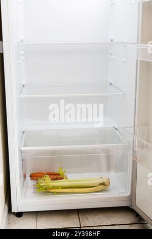 front view of home kitchen refrigerator with dried vegetables, carrots and celery, on bottom shelf Stock Photo