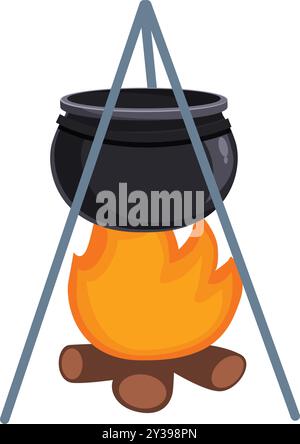 Black cauldron is hanging over a burning campfire on a tripod Stock Vector
