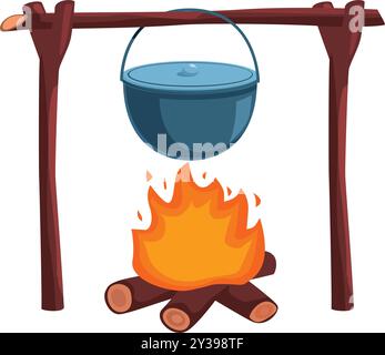 Cartoon cooking pot hanging over burning campfire on tripod made of logs and branches Stock Vector