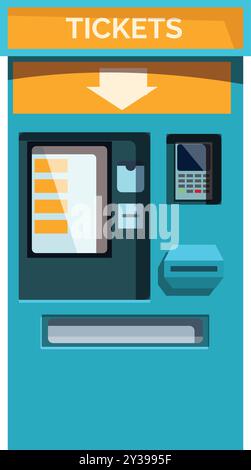 Blue ticket machine displaying payment options, with a digital screen and card reader, facilitating self service ticketing Stock Vector