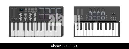 Realistic synthesizers, midi controller. Two octaves, keys, pads and buttons. Digital music instrument. Stock Vector