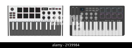 Digital music instrument. Realistic synthesizer, midi controller. Two octaves of keys, pads and buttons. Stock Vector