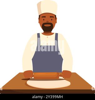 Baker wearing a toque and apron is flattening dough with a rolling pin Stock Vector