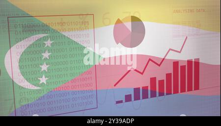 Binary code and financial data image over Comoros flag background Stock Photo
