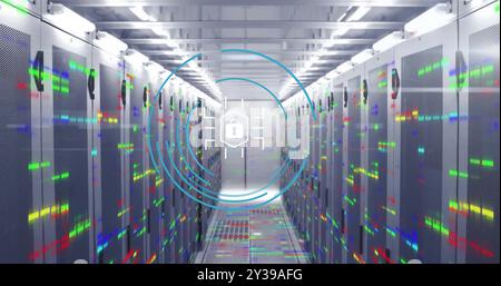 Image of padlock icon and digital data processing over computer servers Stock Photo