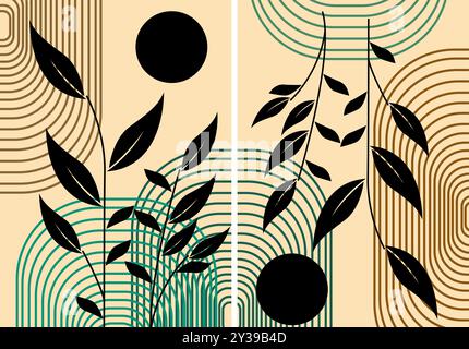 This abstract art piece features two panels with a minimalist nature inspired design The panels share a similar color palette of beige brown and teal Stock Vector