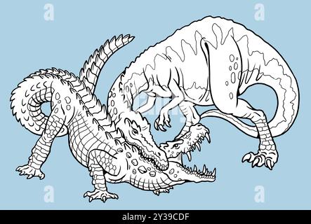 Fight between two carnivorous dinosaurs: Baryonyx against Kaprosuchus. Battle between two dinosaurs to color in. Stock Photo