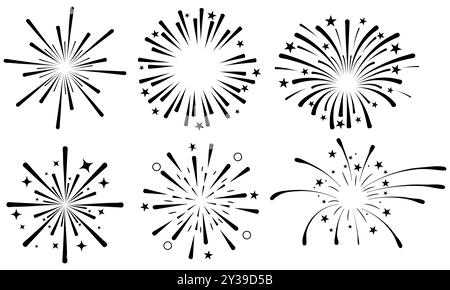 Set of 6 Fireworks Explosions, silhouettes isolated on a white background Stock Vector