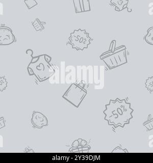 Simple seamless pattern with t-shirt, shopping bag, supermarket cart. Vector background with shopping, promotions, sales Stock Vector