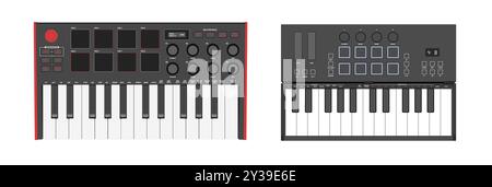 Realistic synthesizers, midi controller. Two octaves, keys, pads and buttons. Digital music instrument. Stock Vector