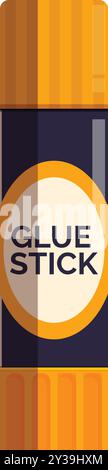 Vertical yellow glue stick with a navy blue label is standing up on a plain white background Stock Vector