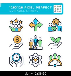 Teamwork organization RGB pixel perfect color icons set Stock Vector