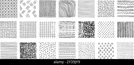 Hand drawn patterns in square icons set in flat style. Doodle sketch vector illustration on isolated background. Chaotic random waves sign business co Stock Vector