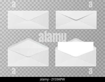 Set of realistic white envelopes in different positions. Folded and unfolded envelope backpack isolated Stock Vector