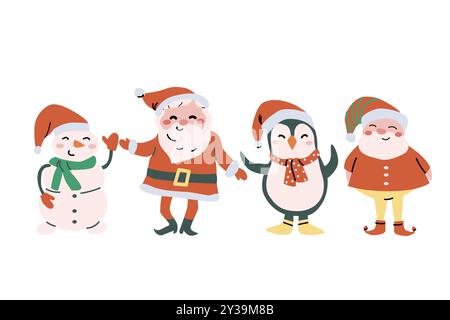 Cute xmas santa, deer, snowman, penguin and other fairy characters set. Traditional New Year stickers persons and animals collection Stock Vector