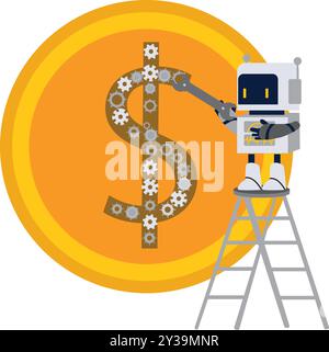 Money At Work with Robot , Cryptocurrency Trading Bot flat illustration concept Stock Vector