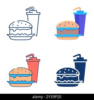 Fast food icon set in flat and line style. Burger and drink, junk food. Vector illustration, editable stroke Stock Vector
