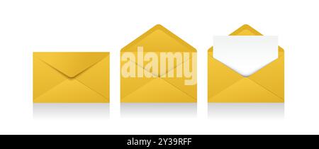 Set of realistic yellow envelopes in different positions. Folded and unfolded envelope backpack isolated Stock Vector