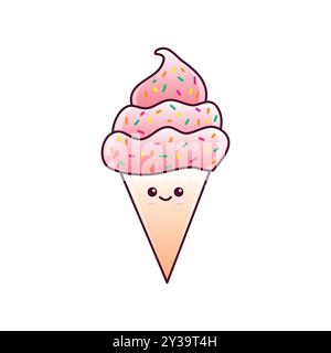 Cute Kawaii Ice Cream Cone Vector Illustration Stock Vector