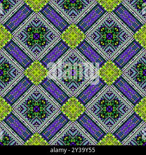 Geometrical pattern in purple and green colors with traditional motifs Stock Vector