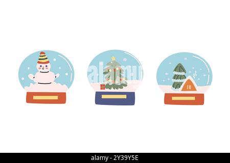 Snow globe. Magic Christmas ball - flat cartoon glass ball with toys snowman. Vector illustration Stock Vector