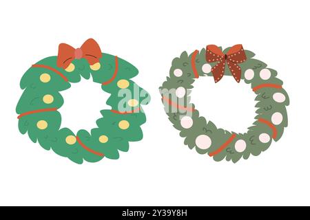 Xmas wreath vector illustration with baubles and bow, ribbon. Christmas decoration for door - cartoon flat design. Stock Vector