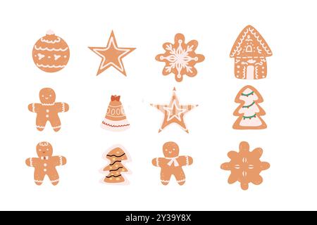Gingerbread cookies set for christmas holiday. Ginger xmas decoration cookie collection in flat style. Hand drawn vector illustration of pastry bakery Stock Vector