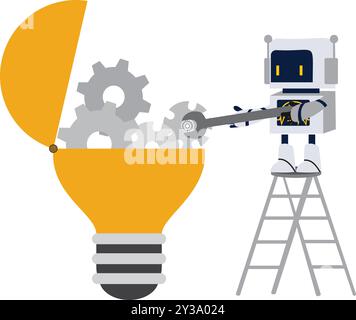 light bulb with gears and Robot , Gears, cogs icon. Business process automation. Digital transformation, innovation. Symbol of opportunity, improvement Stock Vector