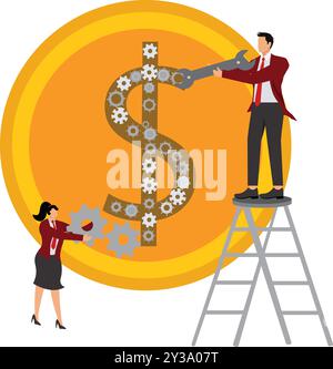 Money At Work with team, Cryptocurrency Trading Bot flat illustration concept Stock Vector