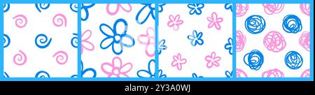 Naive playful seamless pattern set with doodle Daisy and Squiggles. Contemporary minimalistic trendy backgrounds for kids in Pink and Blue colors. Trendy boho style on a white background. Stock Vector