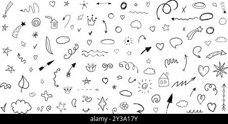 Hand drawn doodles icon in flat style. Speech bubbles, arrows and shapes vector illustration on isolated background. Drawing sketch sign business conc Stock Vector