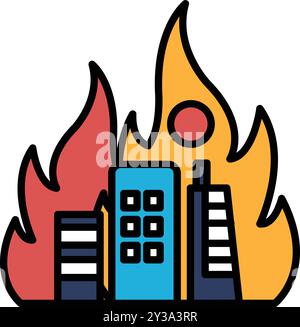 A fire is burning in front of a city skyline. The fire is orange and red, and it is very large. The buildings in the background are tall and are being Stock Vector