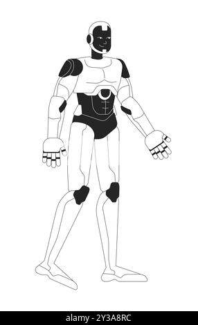 Robot android walking black and white 2D line character Stock Vector