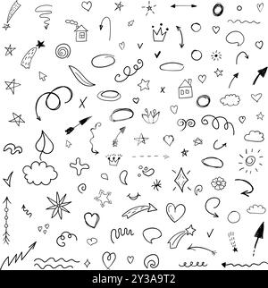 Hand drawn doodles icon in flat style. Speech bubbles, arrows and shapes vector illustration on isolated background. Drawing sketch sign business conc Stock Vector