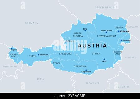 Austria with federal states, blue political map. The Republic of Austria, a landlocked country in Central Europe, with capital Vienna. Stock Photo