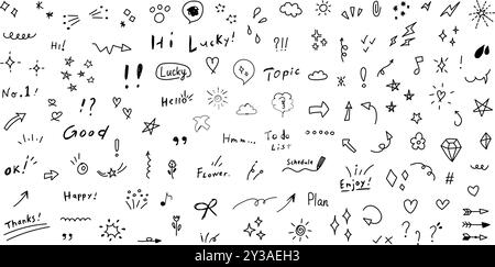 Hand drawn doodles icon in flat style. Speech bubbles, arrows and shapes vector illustration on isolated background. Drawing sketch sign business conc Stock Vector