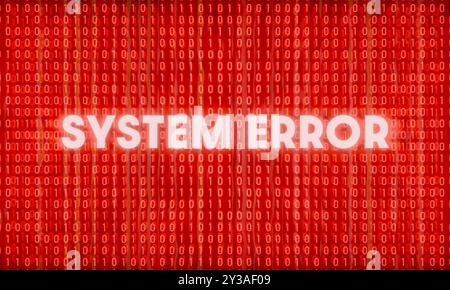 System Error, warning sign. System Error, white illuminated text, binary code, lines and stripes on the red screen. Malfunction, disruption, IT and ne Stock Photo