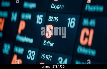 Sulfur, periodic table element. Sulfur, microcrystals, periodic table of the elements. Close-up of a part of the periodic table with the focus on the chemical element sulphur. img science007s08 periodic table element sulfur Stock Photo