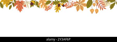 Seamless botanical autumn leaves border on white Stock Vector