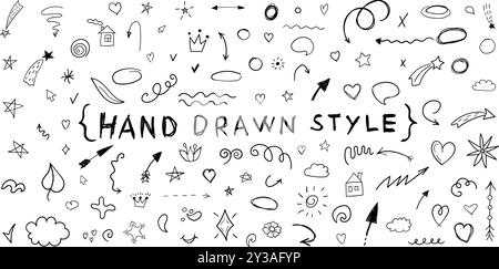 Hand drawn doodles icon in flat style. Speech bubbles, arrows and shapes vector illustration on isolated background. Drawing sketch sign business conc Stock Vector